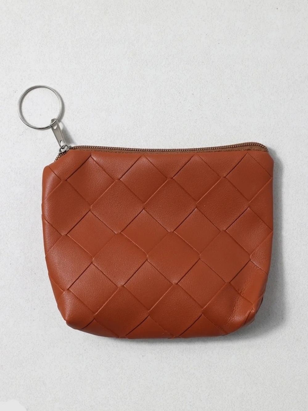 Brown Woven Mini Faux Leather Coin Pouch Keychain NWT